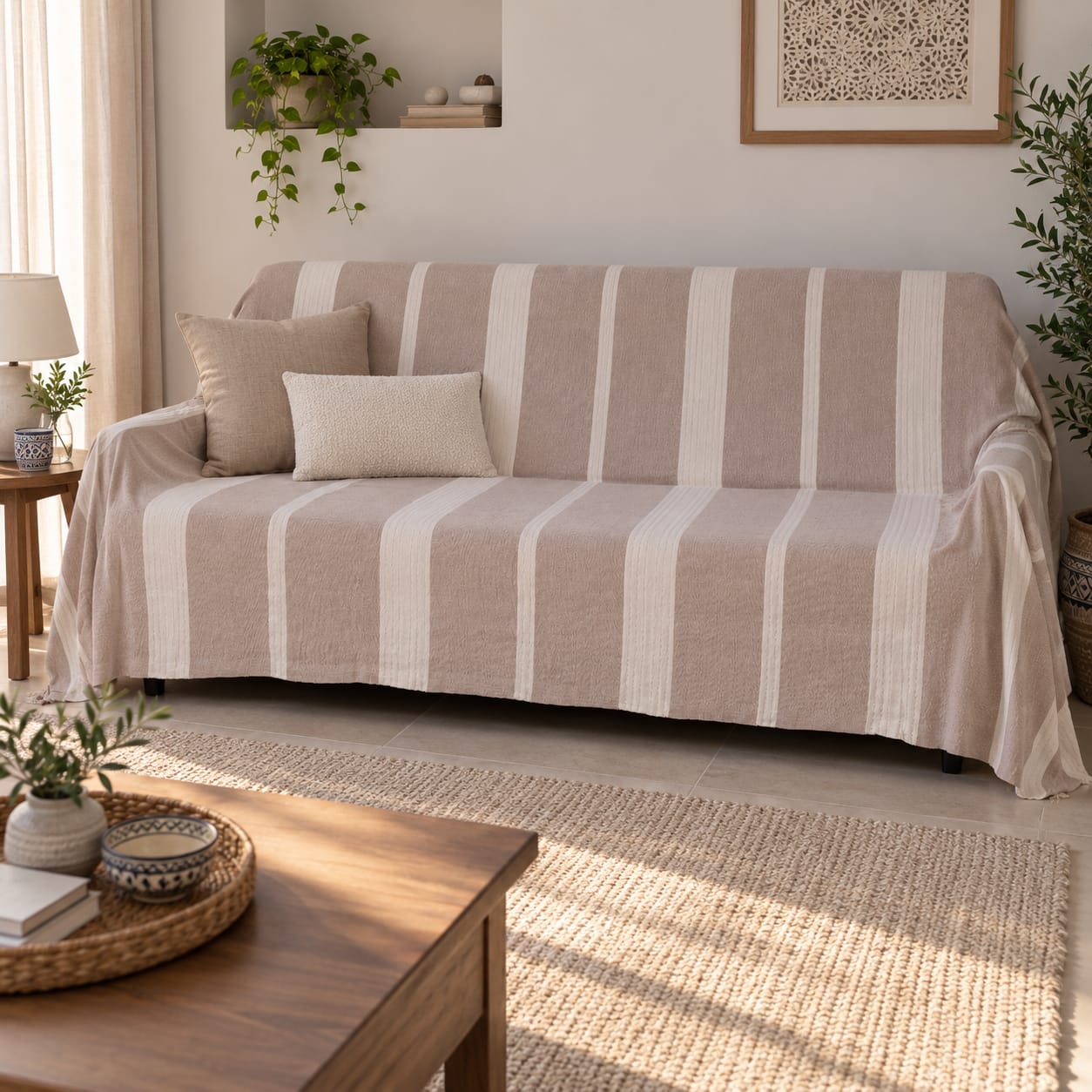 Jeté Tayla à Rayures Texturées Beige Greige 200 × 300 cm – Tissé à la Main