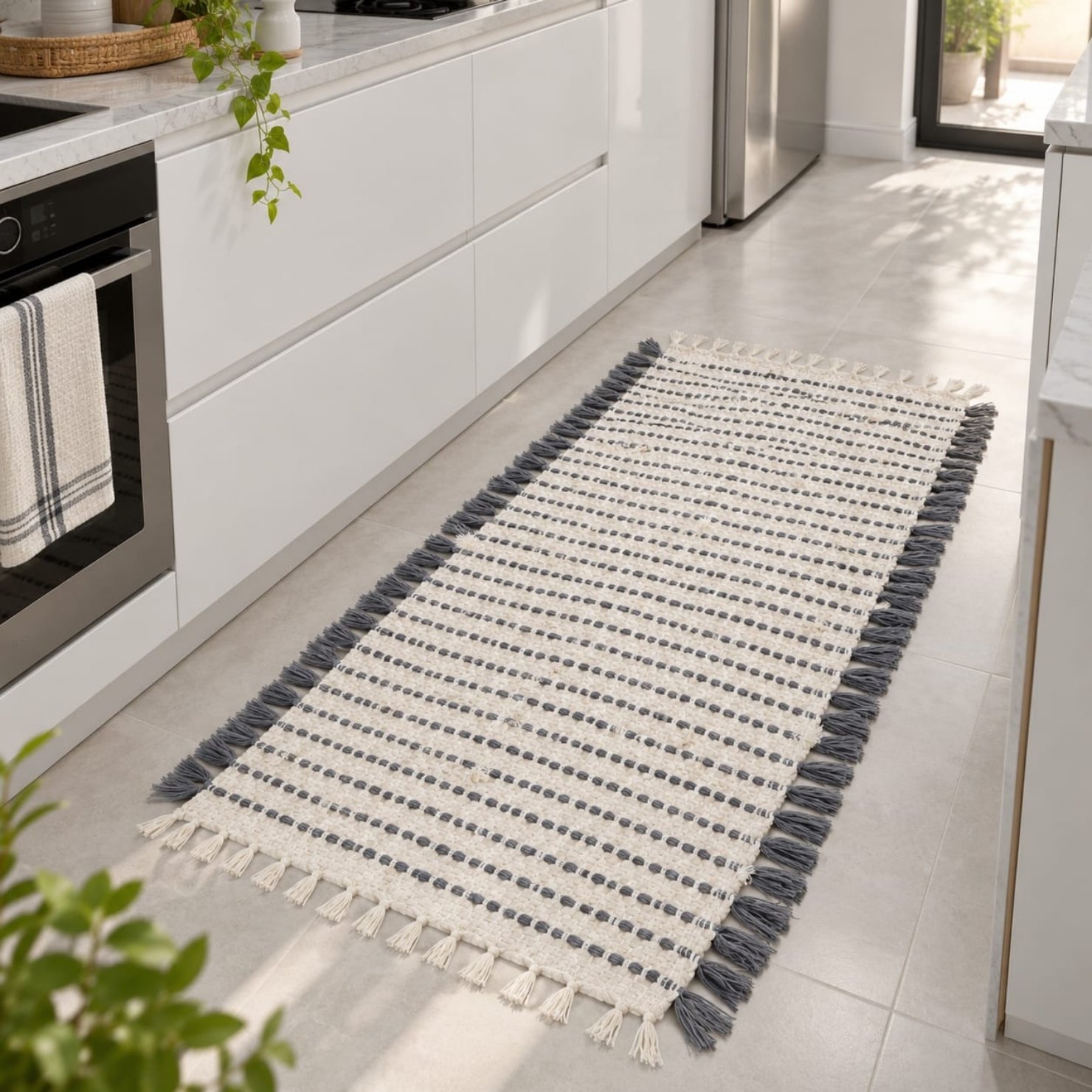 Tapis Cuisine à Rayures 55 × 130 cm – Ivoire et Gris